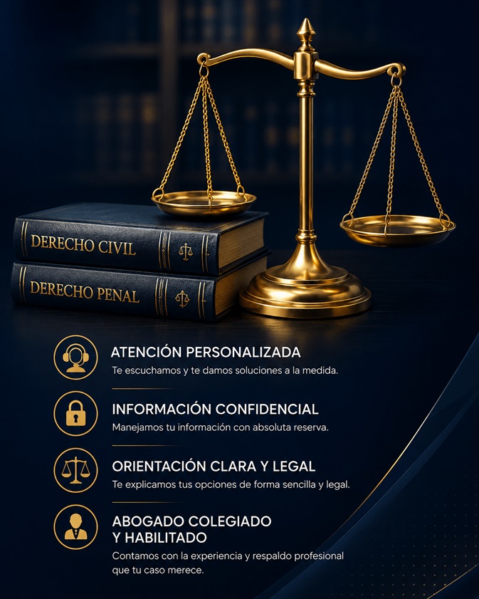 Balanza de la justicia — Atención personalizada, información confidencial, orientación clara y legal, abogado colegiado y habilitado